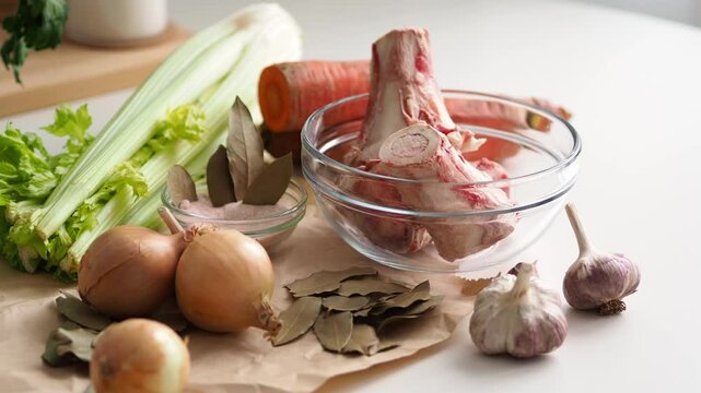 Bone broth. The cooking process and ingredients. Raw Marrow bone beef for making broth. Raw bones for cooking meat and bone broth, which is a source of natural collagen