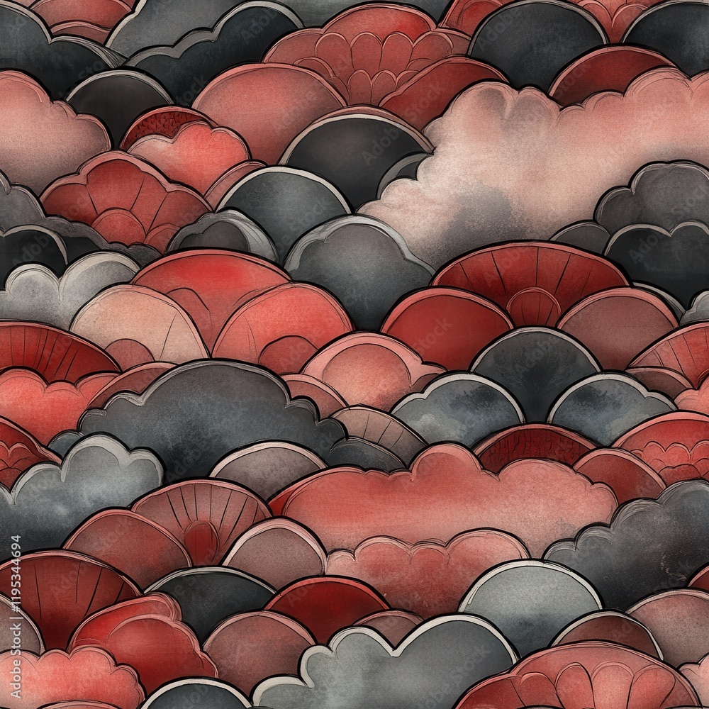 Poster intricate doodle cartoon drawings featuring colorful clouds and waves in shades of red and grey
