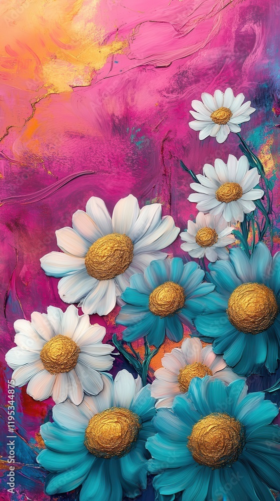 Poster Vibrant abstract interpretation of daisies with rich colors and dynamic patterns enhancing the floral beauty