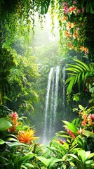 Naklejka premium Tropical rainforest waterfall surrounded by colorful flowers and vines