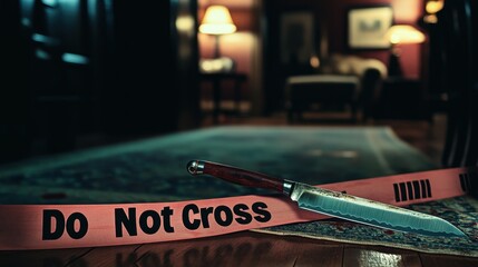 Crime Scene with Knife and Police Tape in Dimly Lit Room