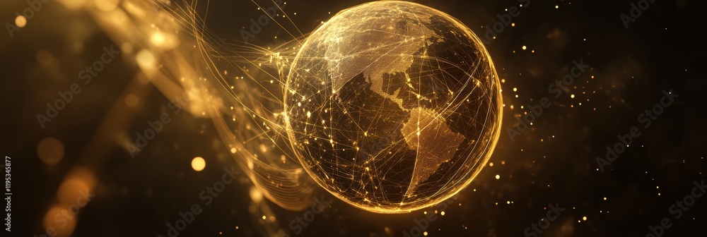 Poster glowing digital globe with flowing lines and points representing global connectivity and data exchan