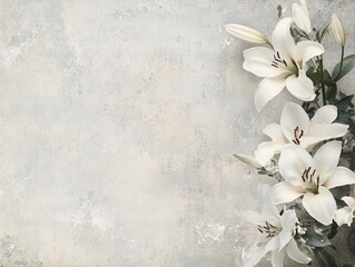 elegant white lily arrangement on textured grey background with soft natural light for sympathy card design with minimalist typography