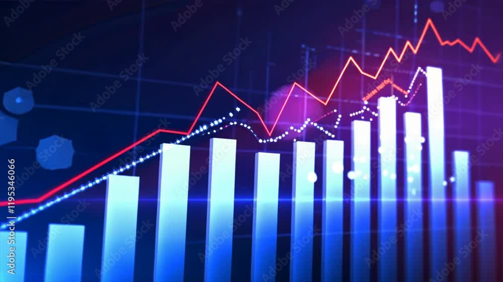 Poster visual representation of financial data analyzing trends and statistics with bar graphs and line cha