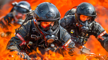 a team of professional paramedics rushes to help. People in red uniforms.