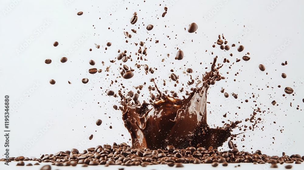 Poster coffee beans exploding in mid-air, creating a dynamic splash effect against a bright white backgroun
