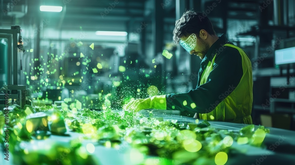 Poster a worker meticulously sorting through biodegradable packaging materials preparing them for recycling