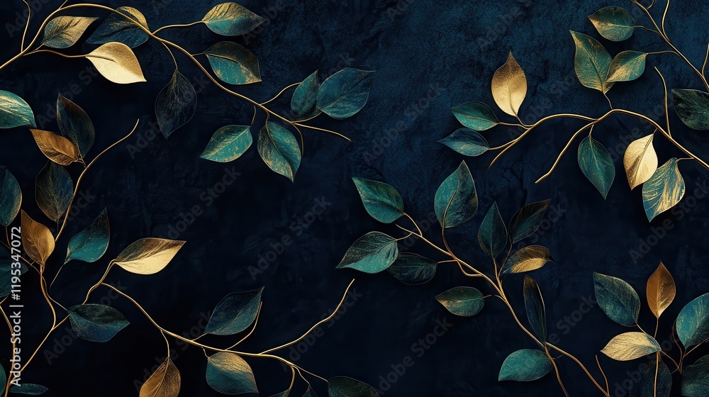 Poster Abstract branches with glossy metallic gold accents on a dark textured background create an elegant visual contrast