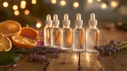 Clear herbal bottles arranged neatly next to fresh oranges and lavender on a rustic wooden table in a softly lit setting