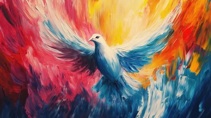 Obraz premium colorful abstract painting of a dove, symbolizing the holy spirit, surrounded by vibrant hues and brush strokes, invoking a sense of peace and hope