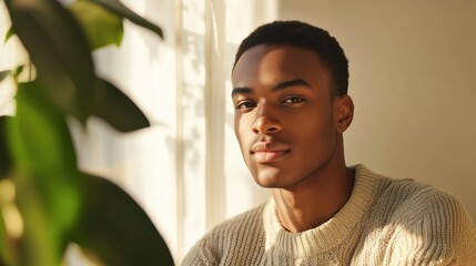 Young man sitting by a window with sunlight highlighting his face and a plant nearby in a cozy interior setting