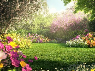 Obraz premium enchanting 3d spring garden scene with blooming colorful flowers, lush green lawn grass, and soft natural lighting effects