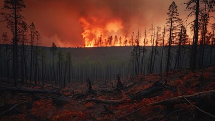 Inferno Engulfs Forest Under Blazing Red and Orange Horizon