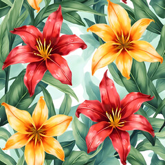 Obraz premium A lively watercolor design featuring exotic lilies with vivid red and yellow petals, set against a backdrop of lush green leaves, forms a captivating tropical motif on the fabric surface.