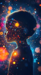 Silhouette of a child filled with vibrant cosmic colors and patterns celebrating imagination and wonder