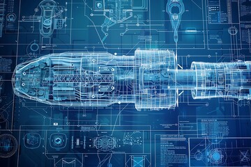 A digital blueprint showcases a futuristic engines intricate design. Technical drawings, 3D model elements, and schematics combine for a detailed, hightech visualization.