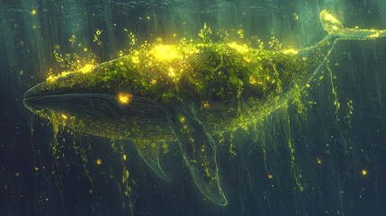 Mystical underwater whale covered in glowing moss.