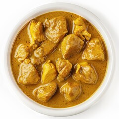 A flavorful bowl of chicken curry with chunks of tender chicken and aromatic spices, isolated white background, hyperrealism art style