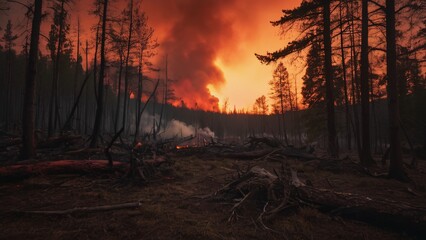 Inferno Engulfs Forest Under Blazing Red and Orange Horizon