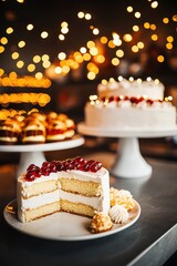 Elegant Customizable Cake Display with Cherry Topping Surrounded by Soft Bokeh Lights in a Warm Bakery Setting for Celebratory Occasions