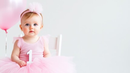 Fototapeta premium First Birthday Princess: A precious baby girl, adorned in a pink tutu dress and headband, sits on a chair, clutching the number one, with a large pink balloon beside her.