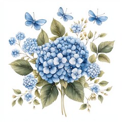 A vibrant arrangement of blue hydrangeas with delicate butterflies, showcasing nature's beauty in a harmonious floral composition.