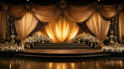 A vintage-style Oscar stage featuring art deco designs sparkling golden drapes and elegant floral arrangements.