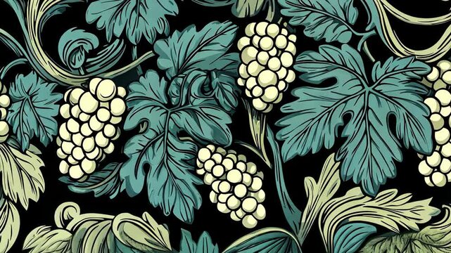 Intricate design featuring grapes and leaves in a colorful pattern against a dark background
