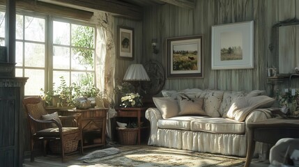 cozy cottagecore living space featuring quaint decor and rustic charm, adorned with a white frame mockup on the wall, creating a serene atmosphere of countryside allure
