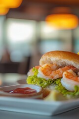 Delicious Boston Roll with Cooked Shrimp, Fresh Lettuce, and Avocado Served with Tangy Sauce in a Modern Setting