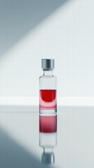 Vibrant red liquid in glass vial on reflective white surface