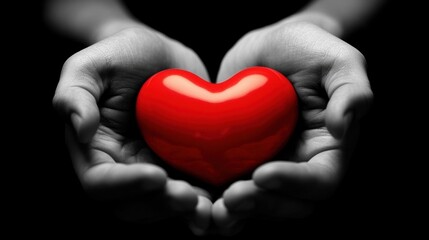 Obraz premium Hands Holding Red Heart Symbolizing Love and Care in Dark Background