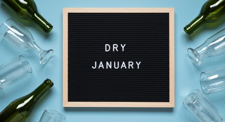 Dry January concept with letterboard and scattered empty bottles