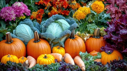 Lush vegetable garden filled with vibrant carrots, cabbages, and pumpkins thriving in the sunlight. Generative AI