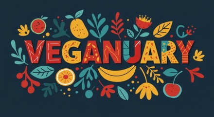Veganuary concept with colorful fruits and vegetables on dark background