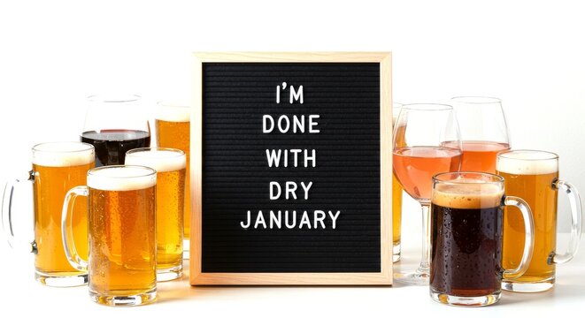 Done with Dry January message surrounded by wine and beer on white background
