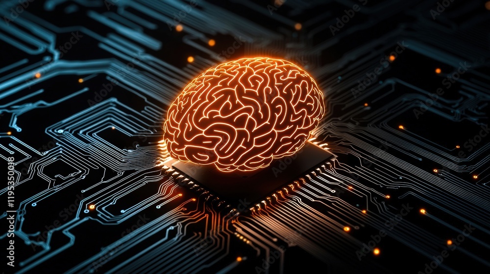 Poster a glowing brain sits on a circuit board, symbolizing the fusion of technology and intelligence in a 
