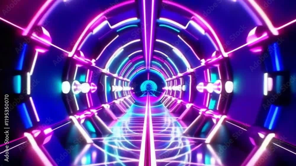 Poster futuristic neon tunnel with circular led light patterns – vibrant purple and cyan sci-fi corridor fe