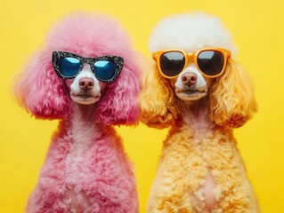 fashionable poodle duo sporting designer sunglasses and retro-inspired accessories with perfectly groomed colorful fur in professional studio setting