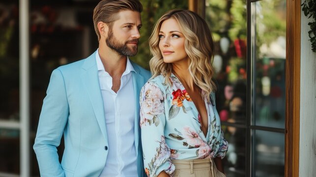 Stylish couple ready for Easter brunch at a charming outdoor cafe, exuding elegance and trendiness