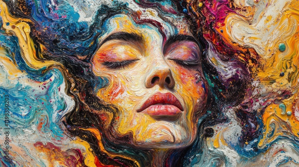 Poster surreal artwork featuring a model's face intricately intertwined with vibrant colors and abstract fo