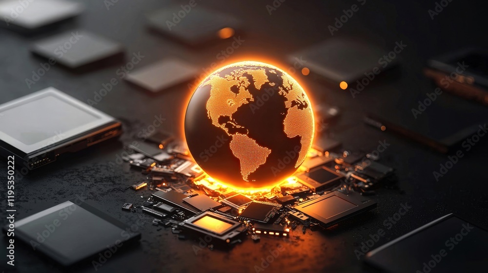 Poster a glowing globe emerging from computer chips, symbolizing the fusion of technology and the world.