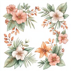Obraz premium Floral illustrations featuring soft peach and white flowers with green leaves, arranged in a decorative layout on a white background.