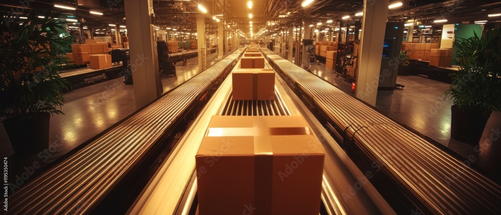 Poster automated package sorting system futuristic conveyor belts and cardboard boxes