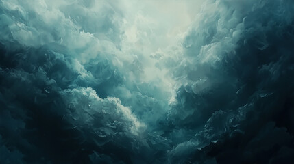 Abstract painting of a stormy sea blending into a serene sky, symbolizing inner turmoil and peace coexisting, with expressive brushstrokes and muted tones