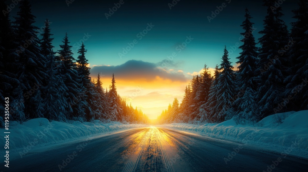 Poster Snowy road through forest at sunset.