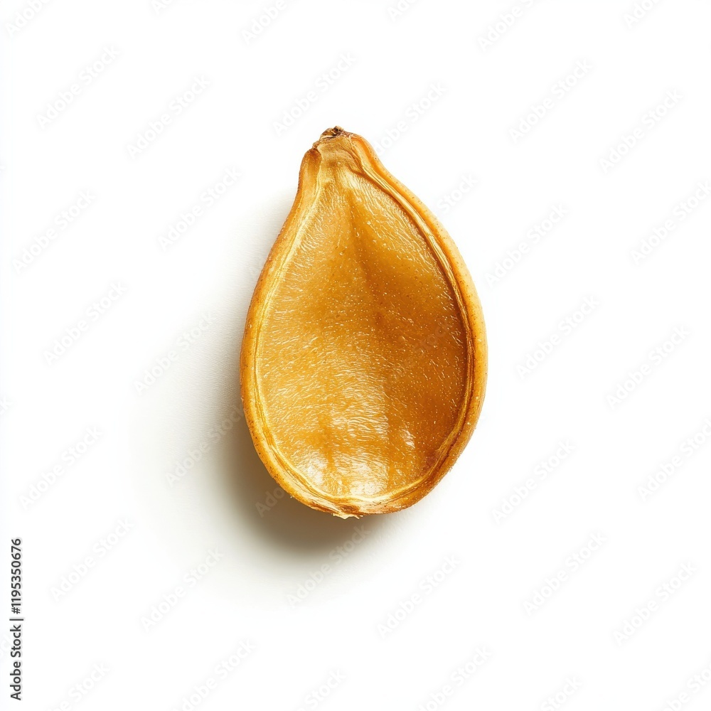 Poster roasted pumpkin seed with a golden hue lying on a white surface highlighting its texture and natural