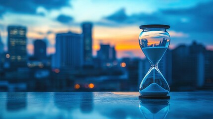 Hourglass Against City Skyline at Sunset with Blurred Background