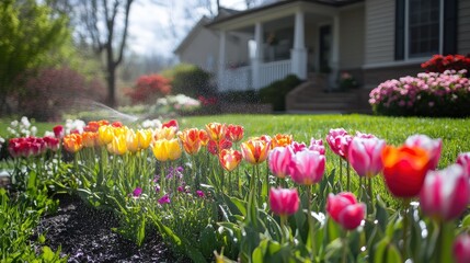 Obraz premium Smart sprinkler system waters vibrant tulip garden in residential yard