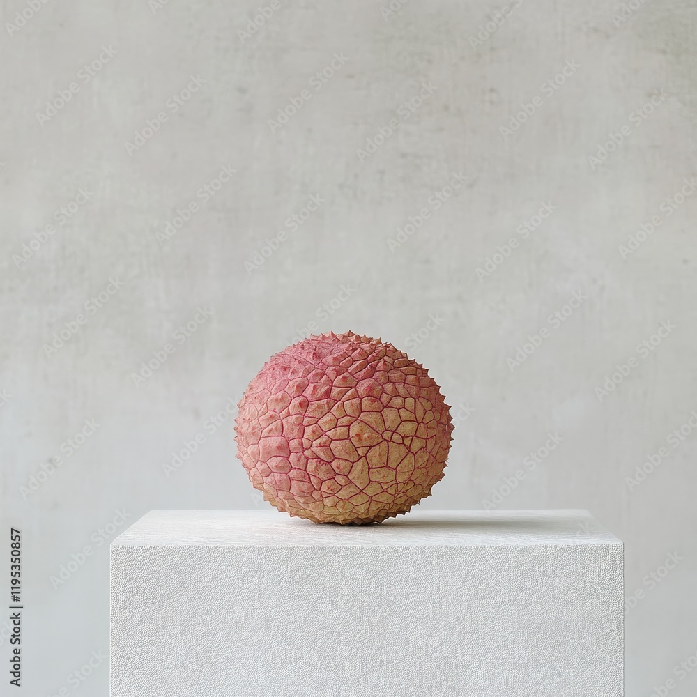 Poster Single fresh lychee with a rough pink-red skin resting on a minimalist display